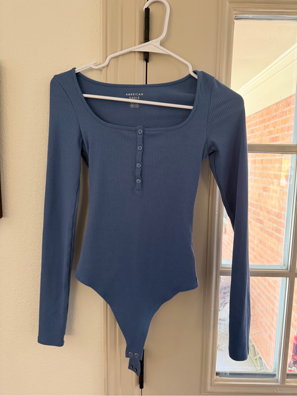 American Eagle Outfitters Ribbed Long-Sleeve Henley Bodysuit - Dusty Blue